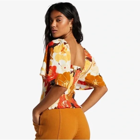 Billabong Golden Daze smocked top - Red, White, Gold, Brown - Picture 3 of 8